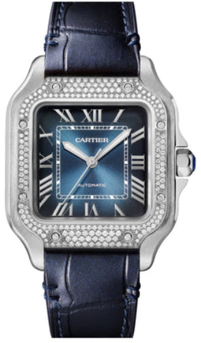 Cartier Santos De Cartier Medium Automatic Steel Diamonds Interchangeable Metal Leather Bracelets - W4SA0006